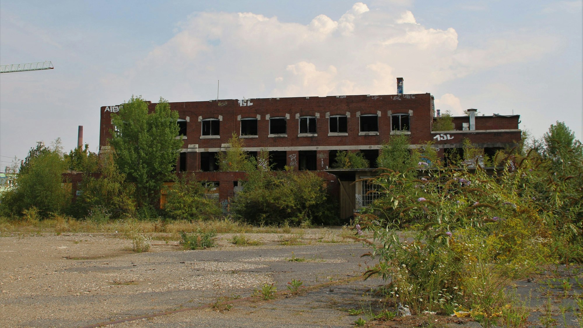 Auf dem Foto ist ein Gebäude der verfallenen Norton-Fabrik in Wesseling zu sehen.
