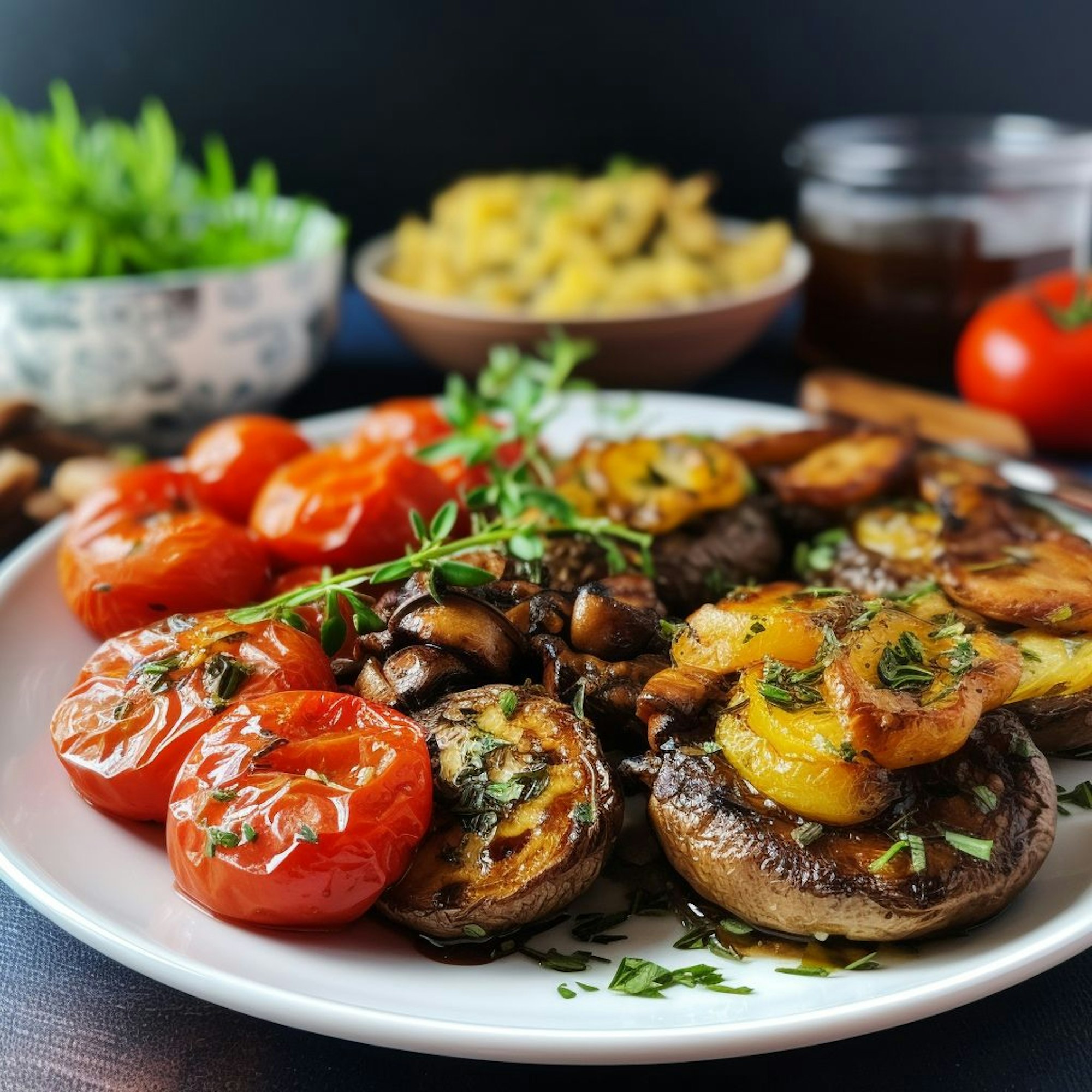 Festliches Veganes Menü: Knoblauch-Rosmarin-Kartoffelgratin, Gebratene Pilze mit Balsamico-Glasur und Marinierte Tomaten-Salatvariation
