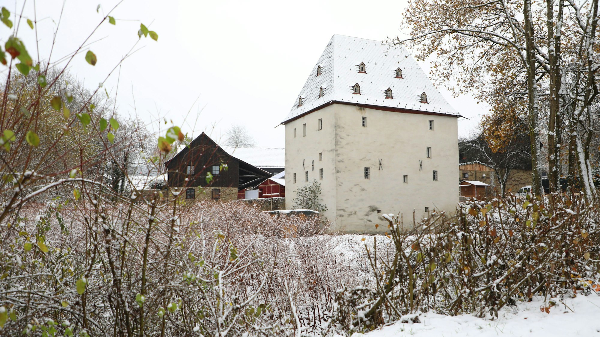 Schneebedeckte Burg und Bäume.