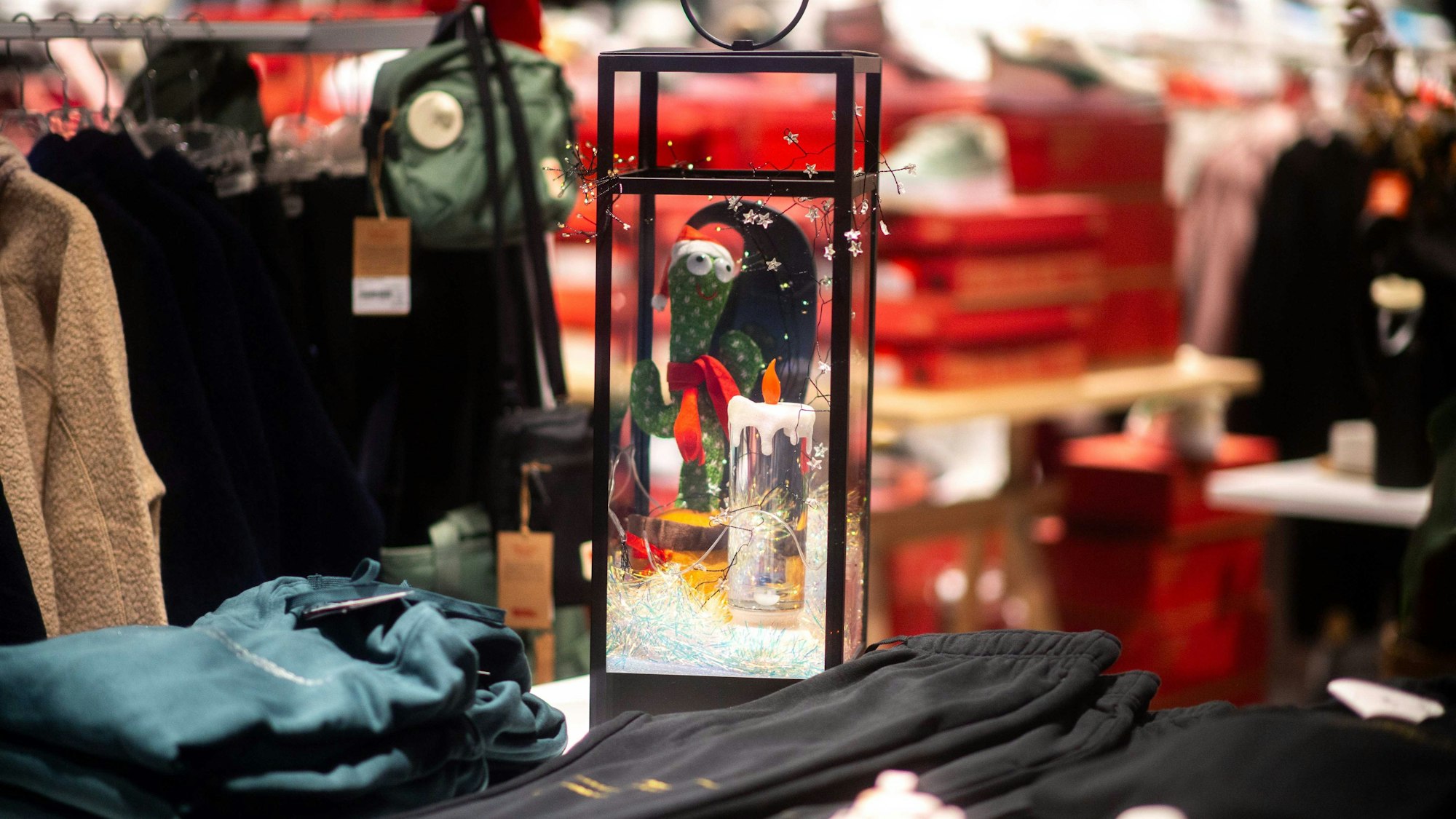 Das Bild zeigt die Laterne bei Sport Heidingsfelder. Sie ist mit einem Weihnachtskaktus ausgestaltet.