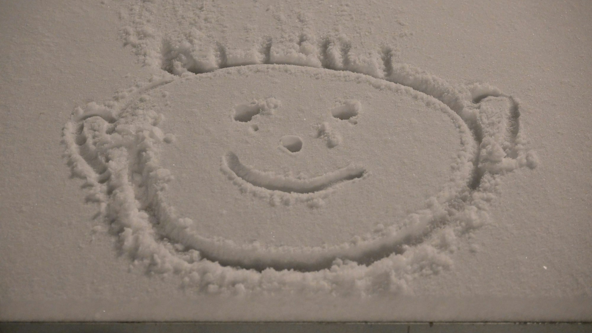 Am Schloss Bensberg freut sich jemand über den Schnee.