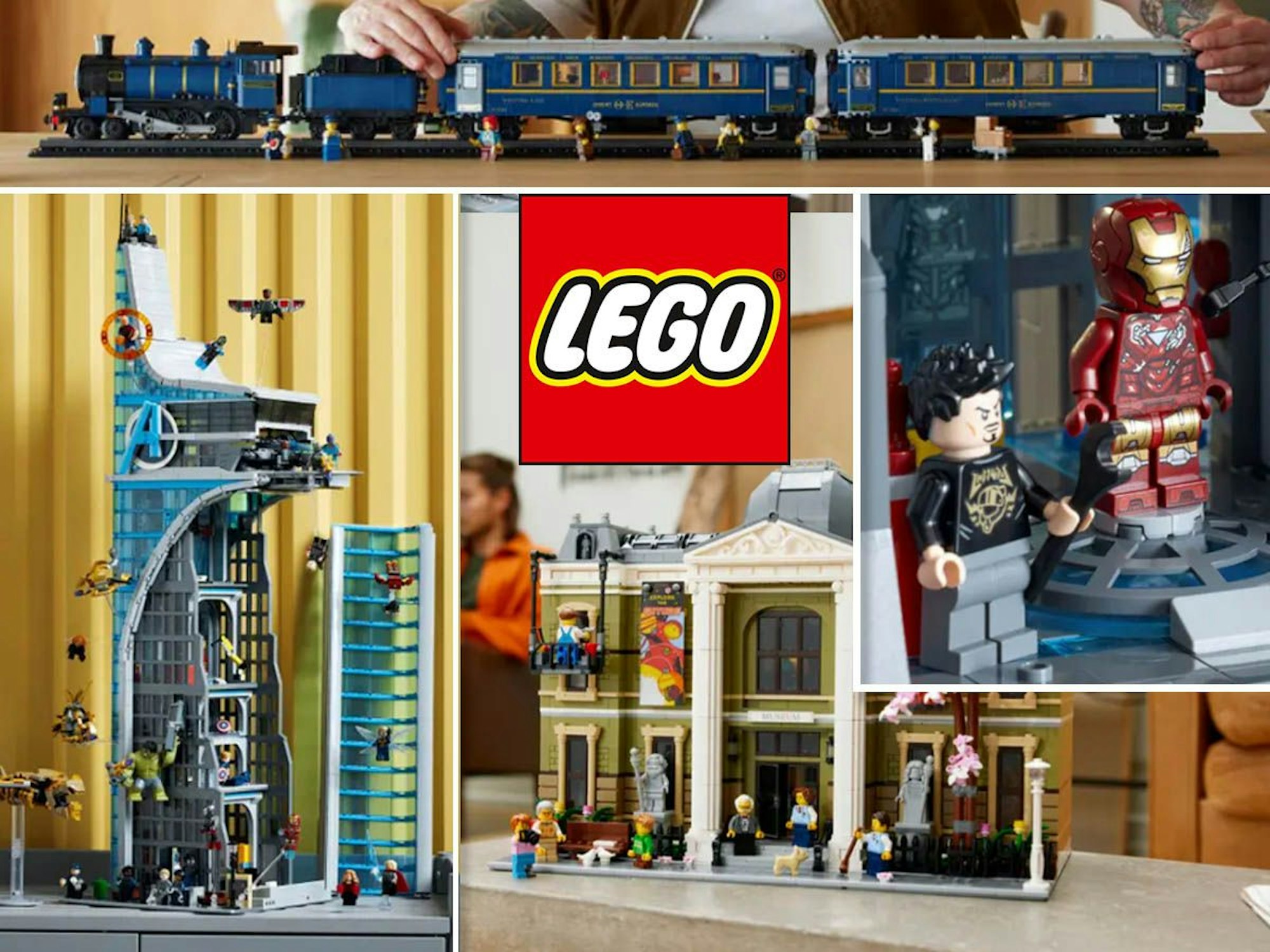 Lego Neuheiten Dezember 2023 Stimmungsbilder: Lego Orient-Express, Marvel's Avengers Tower, Naturhistorisches Museum auf Tischen aufgebaut.