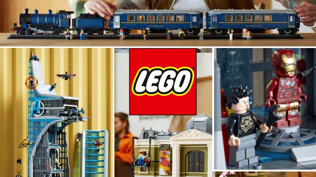 Lego Neuheiten Dezember 2023 Stimmungsbilder: Lego Orient-Express, Marvel's Avengers Tower, Naturhistorisches Museum auf Tischen aufgebaut.