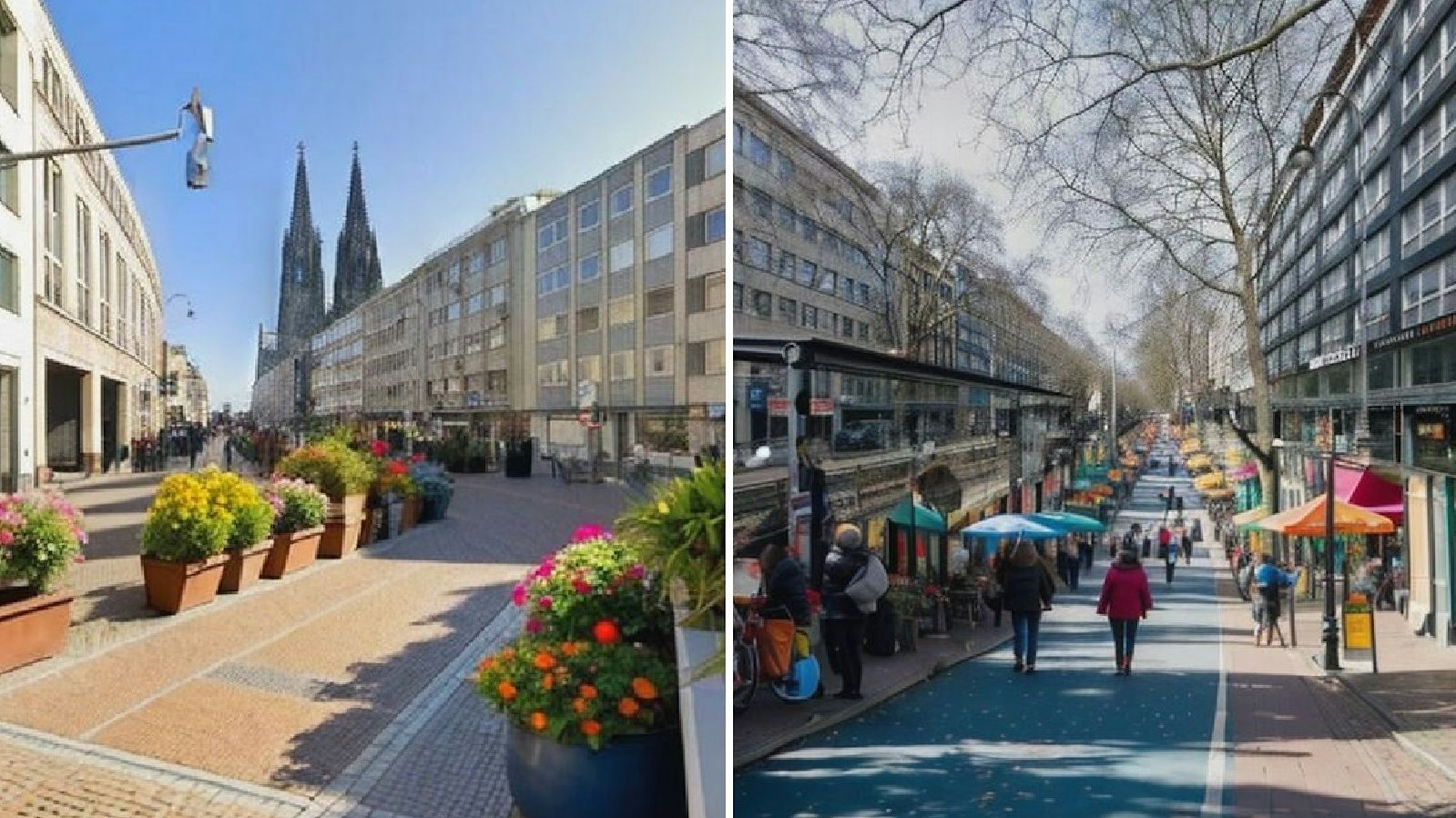Dieses Bild wurde mit KI generiert. Die niederländische KI-Anwendung „Dutch Cycling Lifestyle“ verwandelt die Komödienstraße und den Hohenstaufenring in Köln in Oasen zum Bummeln und Radfahren.
