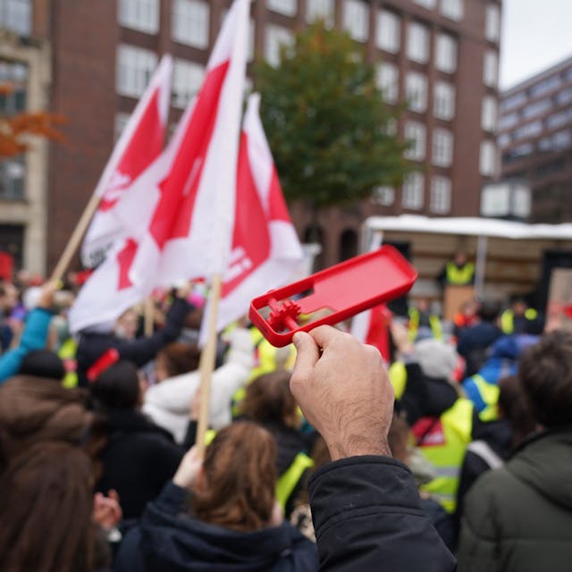 Streikteilnehmer protestieren mit Fahnen und Plakaten während einer Kundgebung der Gewerkschaft Verdi vor der Finanzbehörde.