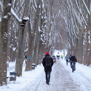 Wintereinbruch auch im Inneren Grüngürtel: Kölnerinnen und Kölner schlendern durch den ersten Schnee des Winters.