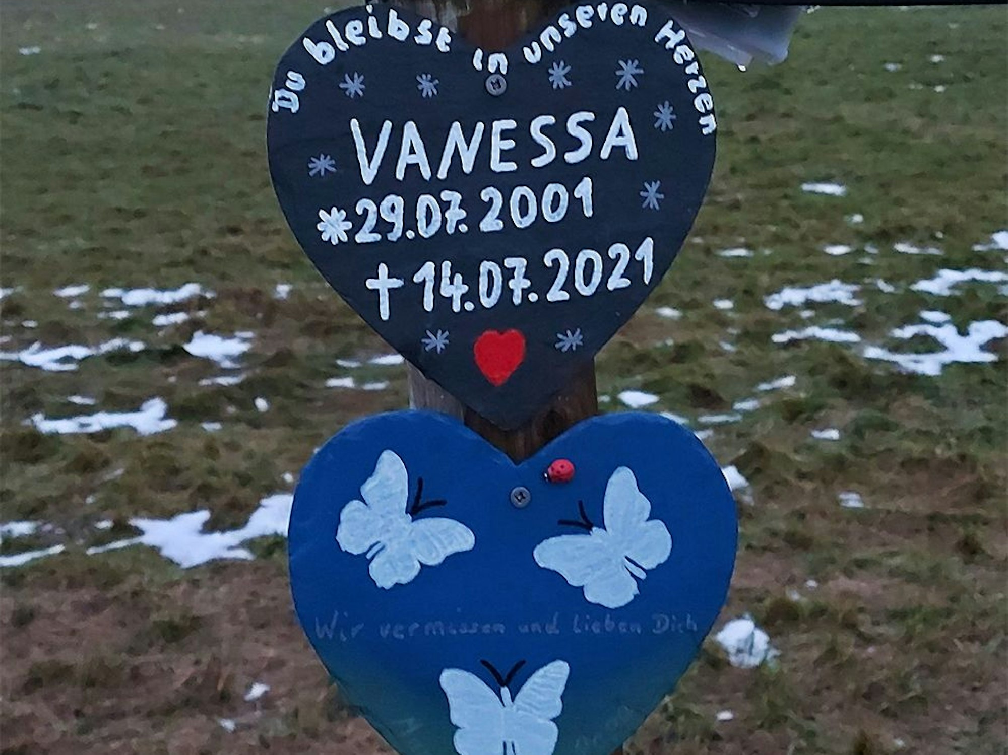 Ein schwarzes Herz mit weißer Schrift und ein blaues Herz mit weißen Schmetterlingen erinnern an einem Baum an eine junge Frau, die bei der Flutkatastrophe ihr Leben verloren hat.