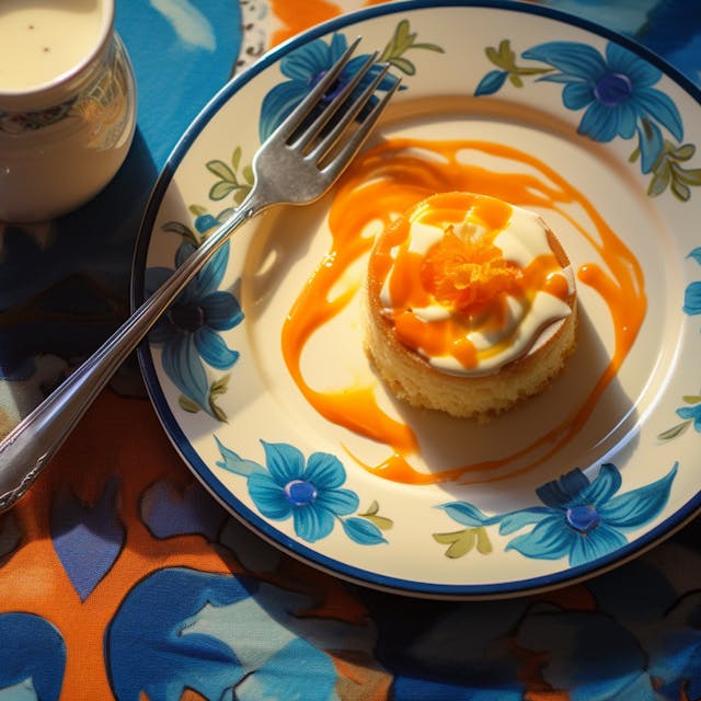 Illustration: Pudding auf einem floral gemusterten Teller, ein Kännchen Vanillesauce daneben