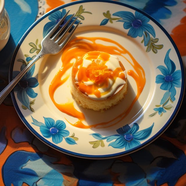Illustration: Pudding auf einem floral gemusterten Teller, ein Kännchen Vanillesauce daneben