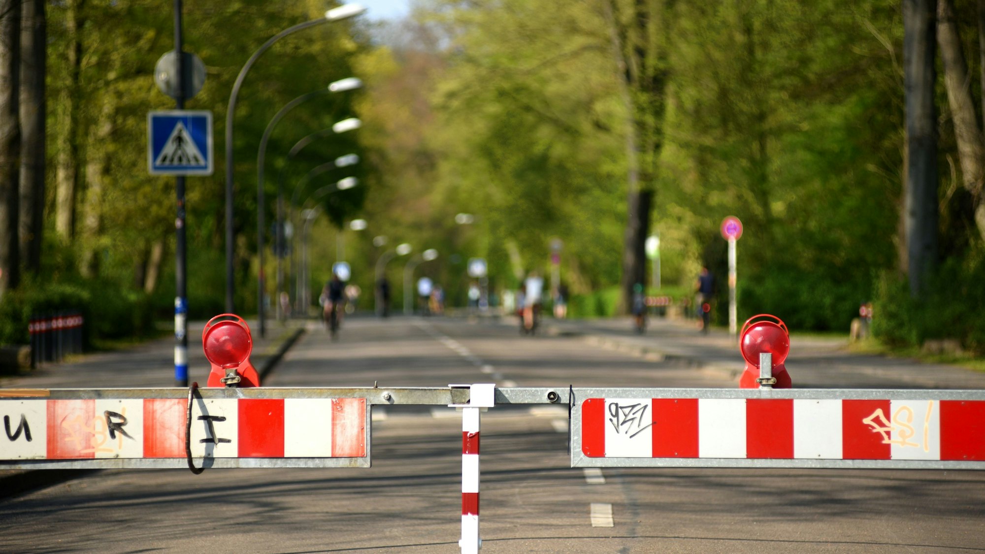 Die Kitschburger Straße im Stadtwald (Köln-Lindentahl) ist gesperrt. Ein rot-weißes Absperrgitter versperrt die Durchfahrt.