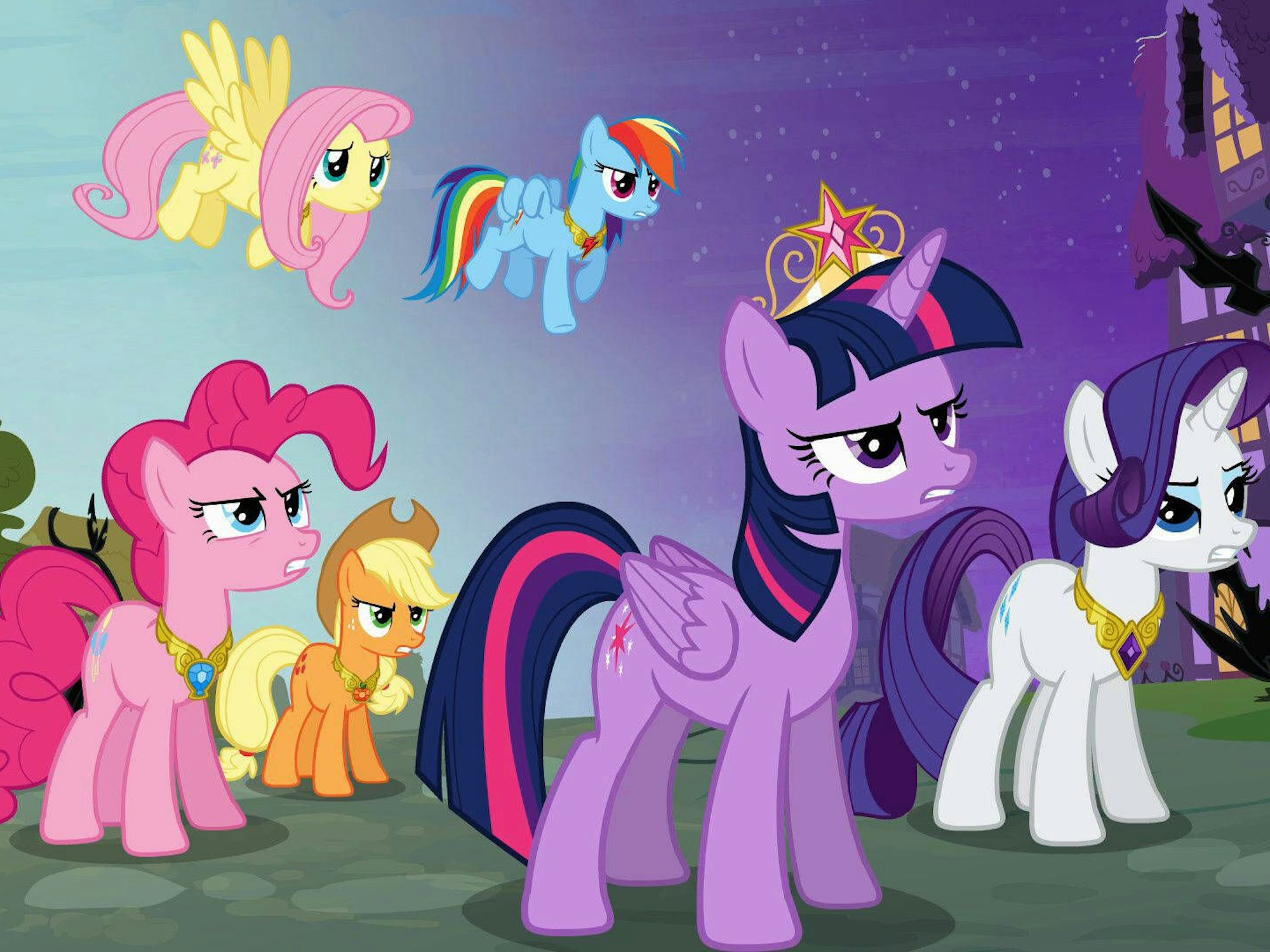 Ausschnitt aus der Serie „My little Pony“. Von links: Fluttershy, Rainbow Dash, Auf dem Boden: Pinkamena Diane Pinkie Pie, Applejack, Twilight Sparkle, Rarity, Princess Twilight Sparkle, hier aus Staffel 4, Episode 401 von November 2013.