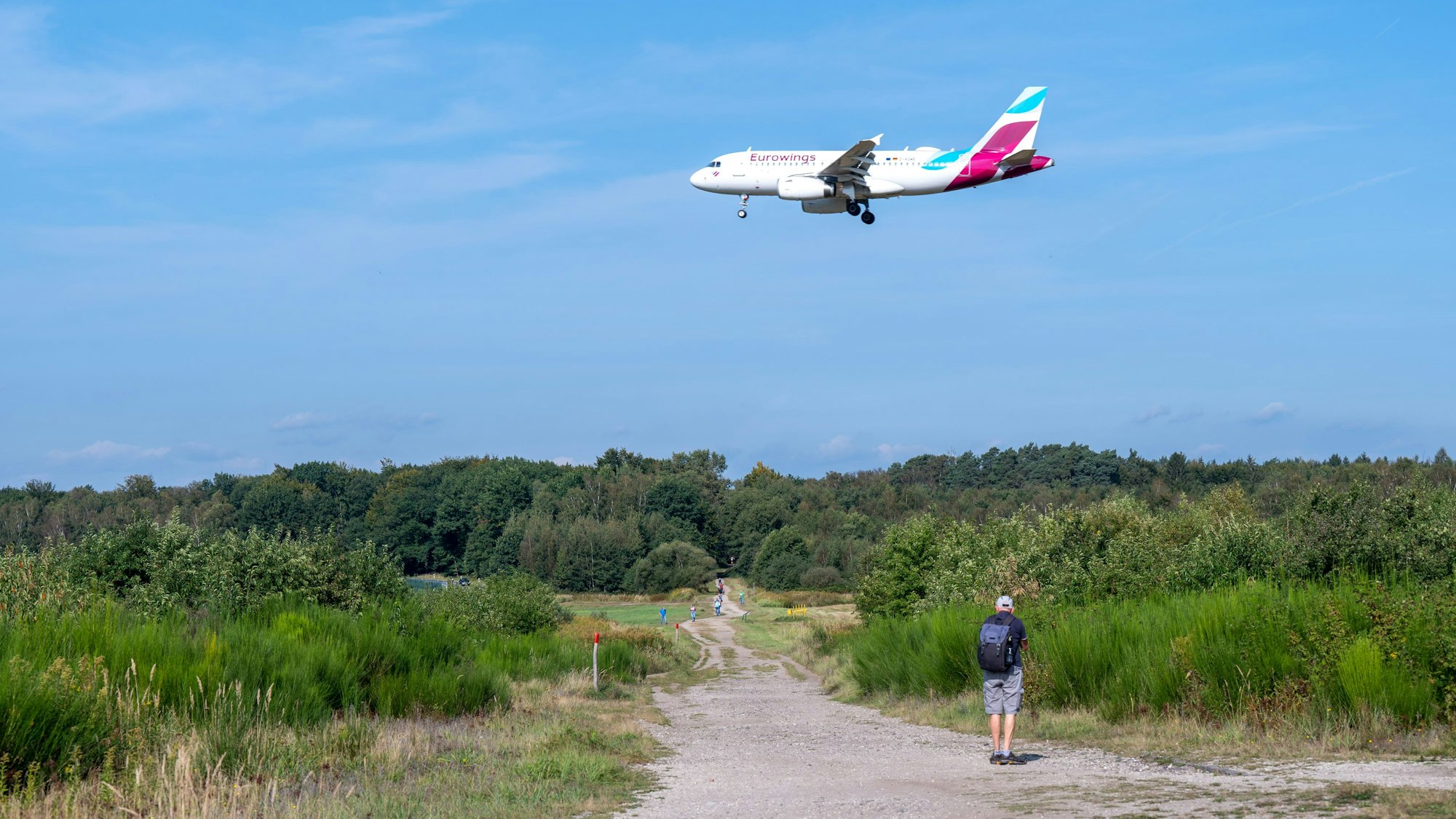 Flugzeug von Eurowings fliegt über das Naturschutzgebiet Wahner Heide.
