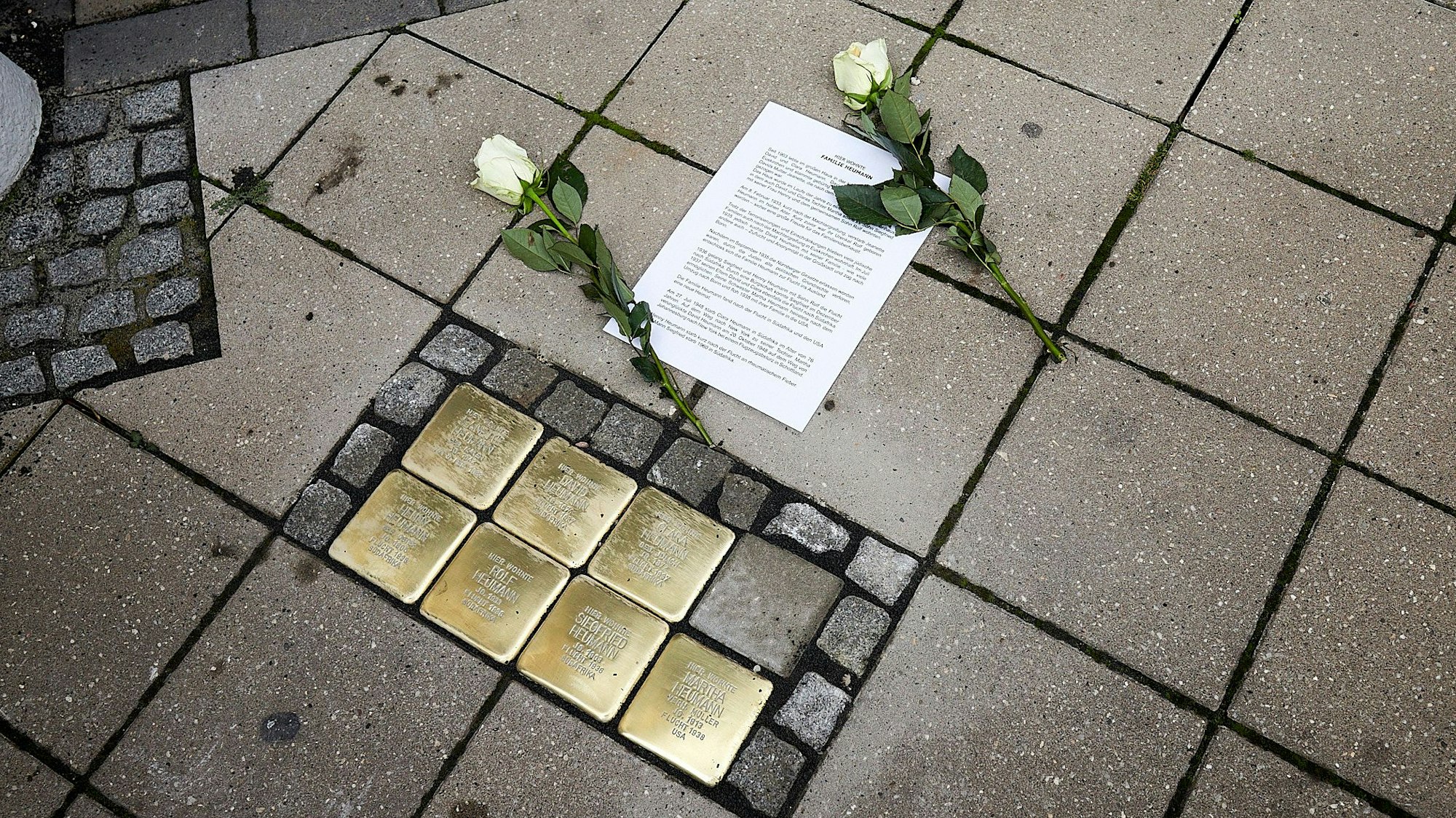 Sieben messingfarbene Stolpersteine sind ins Pflaster eingelassen. Zwei weiße Rosen sind zum Gedenken an die NS-Opfer niedergelegt worden. Auf einem DIN-A4 Blatt ist das Schicksal der Familie beschrieben, an die erinnert wird.