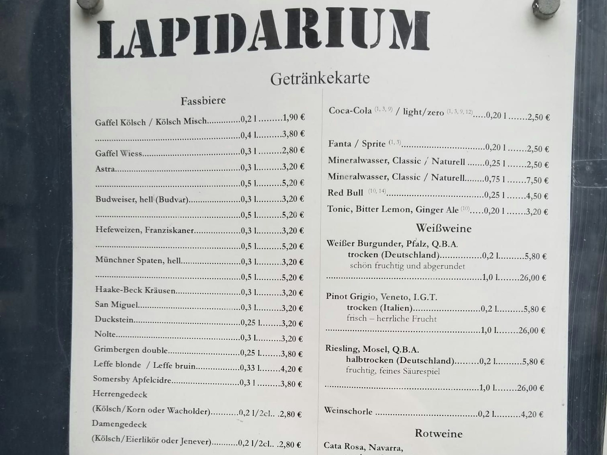 Die Getränkekarte im Lapidarium