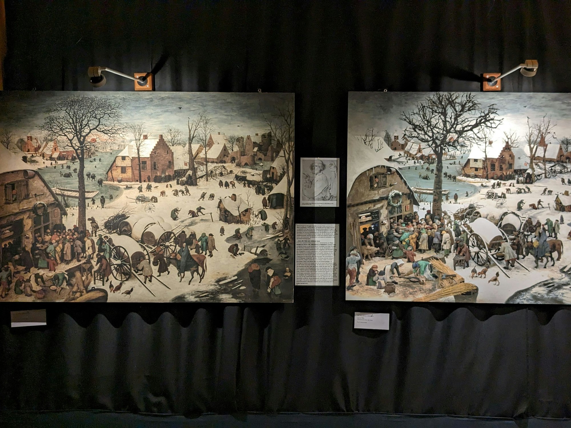 Abbildung des Gemäldes "Volkszählung zu Bethlehem" neben einem Foto der Krippe, die dieses Gemälde nachstellt.