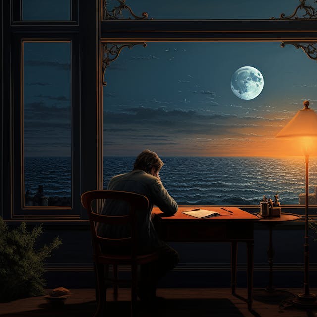 Illustration: Ein Mann schreibt einen Brief am Fenster, Blick auf das Meer in der Nacht und den Mond