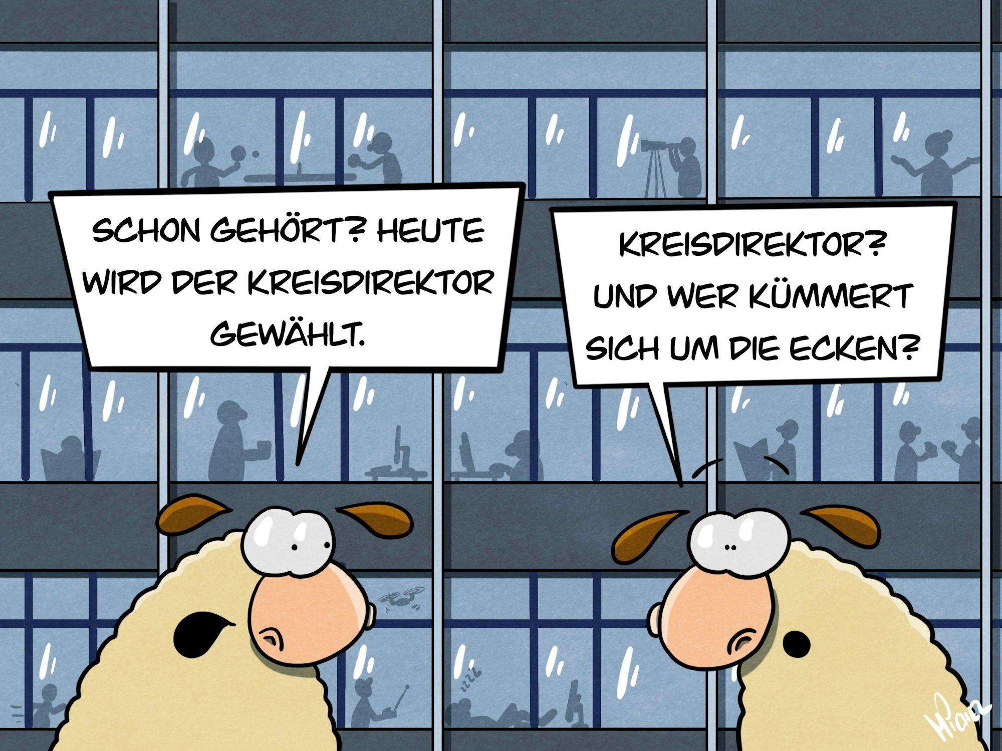 Zwei Schafe stehen vor dem oberbergischen Kreishaus. Das eine sagt: „Schon gehört? Heute wird der neue Kreisdirektor gewählt.“ Das andere sagt: „Kreisdirektor? Und wer kümmert sich um die Ecken?“