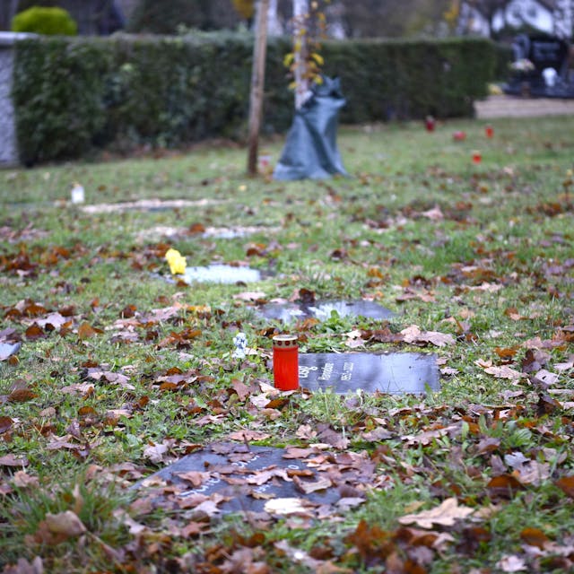 Auf einer Wiese liegen Grabplatten im Kreis. Welkes Laub liegt darüber. An einer Grabplatte steht eine rote Friedhofskerze.