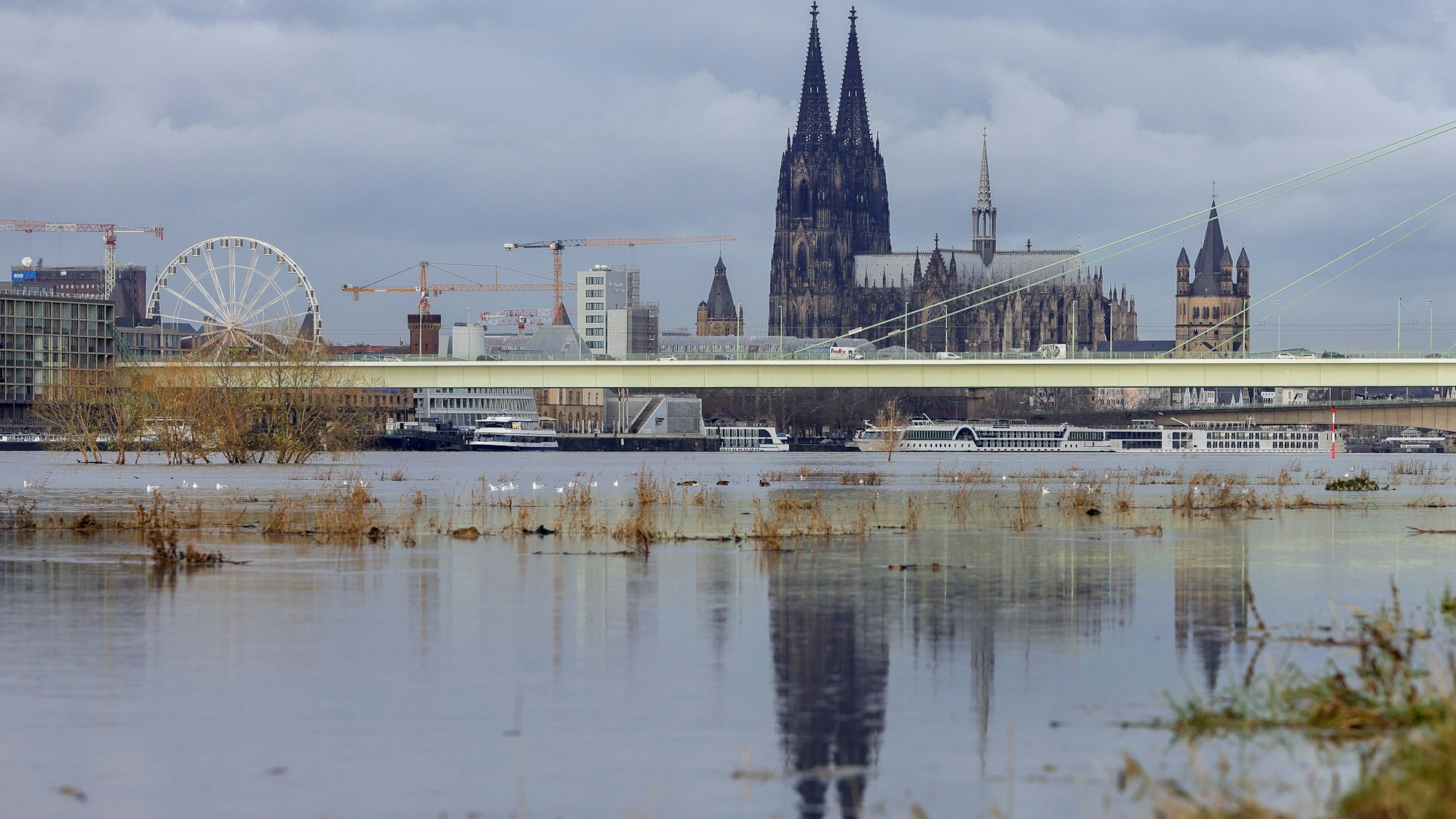 Der Rhein in Köln bei einem Pegelstand von ca. 6,39 Meter.