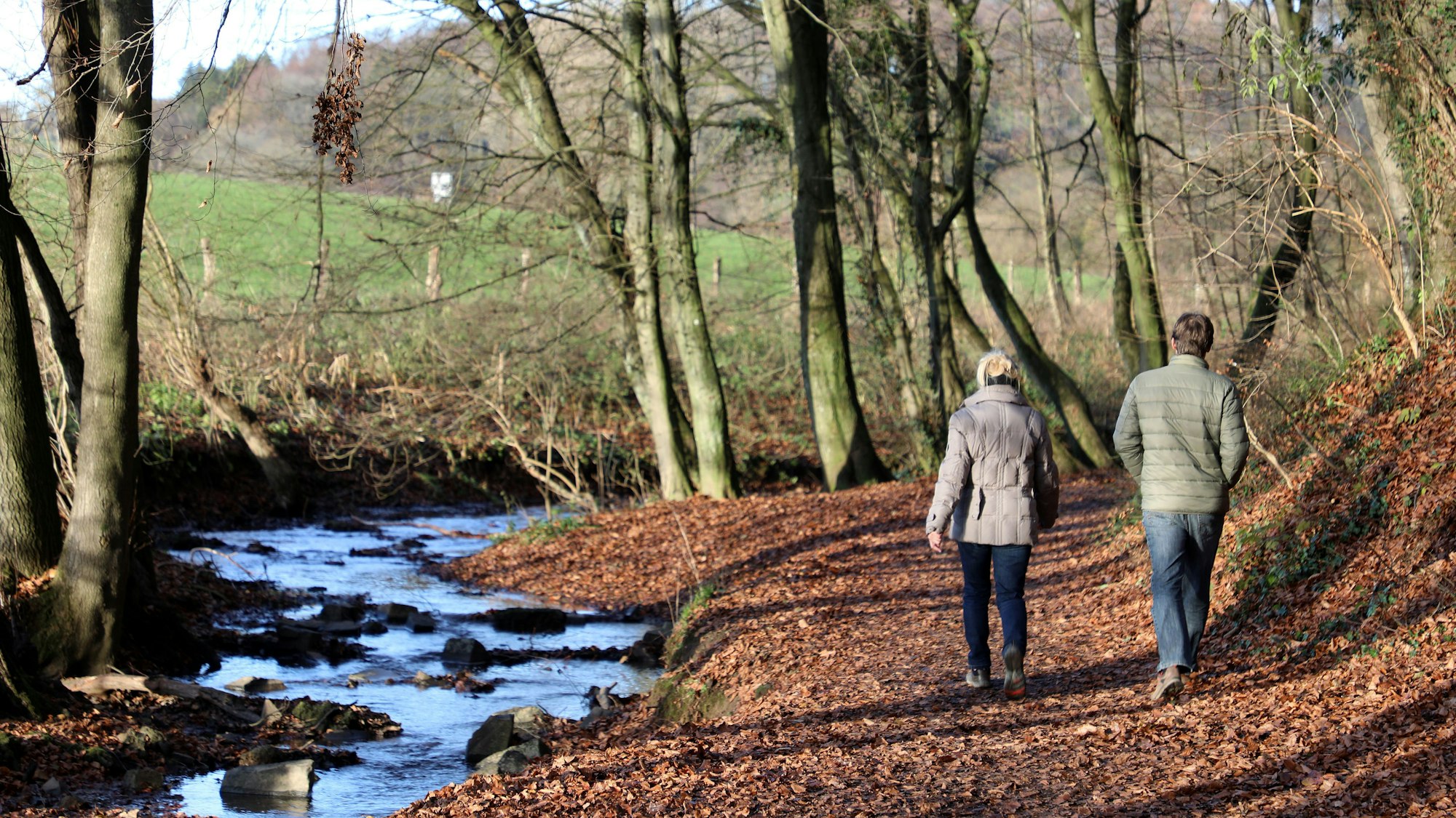 Zwei Menschen gehen durch einen Winterwald an einem Bach entlang.