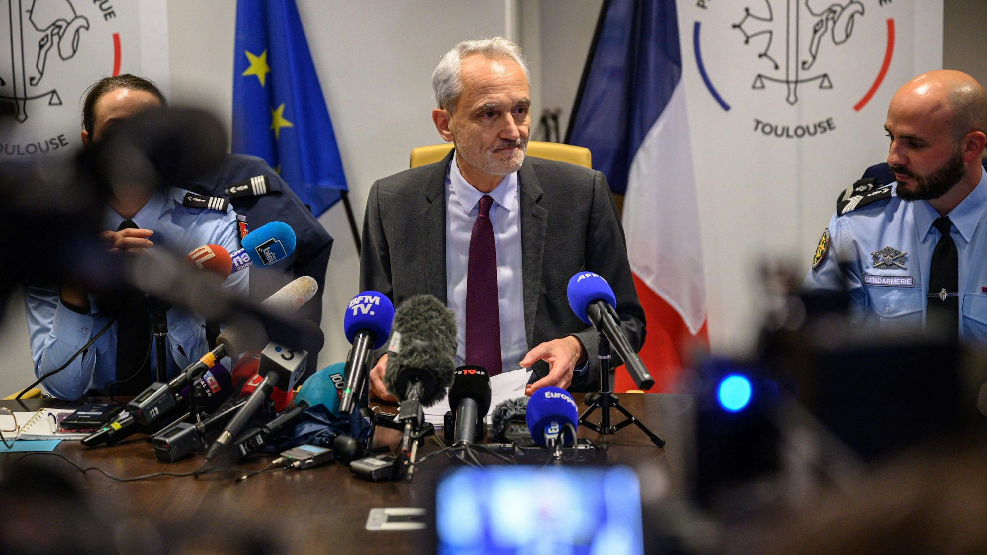 Public prosecutor Antoine Leroy holds a press conference about missing British teen Alex Batty, at the Palais de Justice in Toulouse, southwestern France, on December 15, 2023. A British 17-year-old found in France six years after going missing in Spain is to return home to England in the coming days, British and French authorities said on December 15. Alex Batty, originally from the northern English city of Oldham, was picked up by a driver in a mountainous area in southern France, with checks by French and British police confirming his identity. Police have said they suspect his mother Melanie Batty, who did not have parental guardianship, and grandfather David Batty of abducting him in 2017 when he was 11, under the pretence of going on holiday in Spain. (Photo by Ed JONES / AFP)