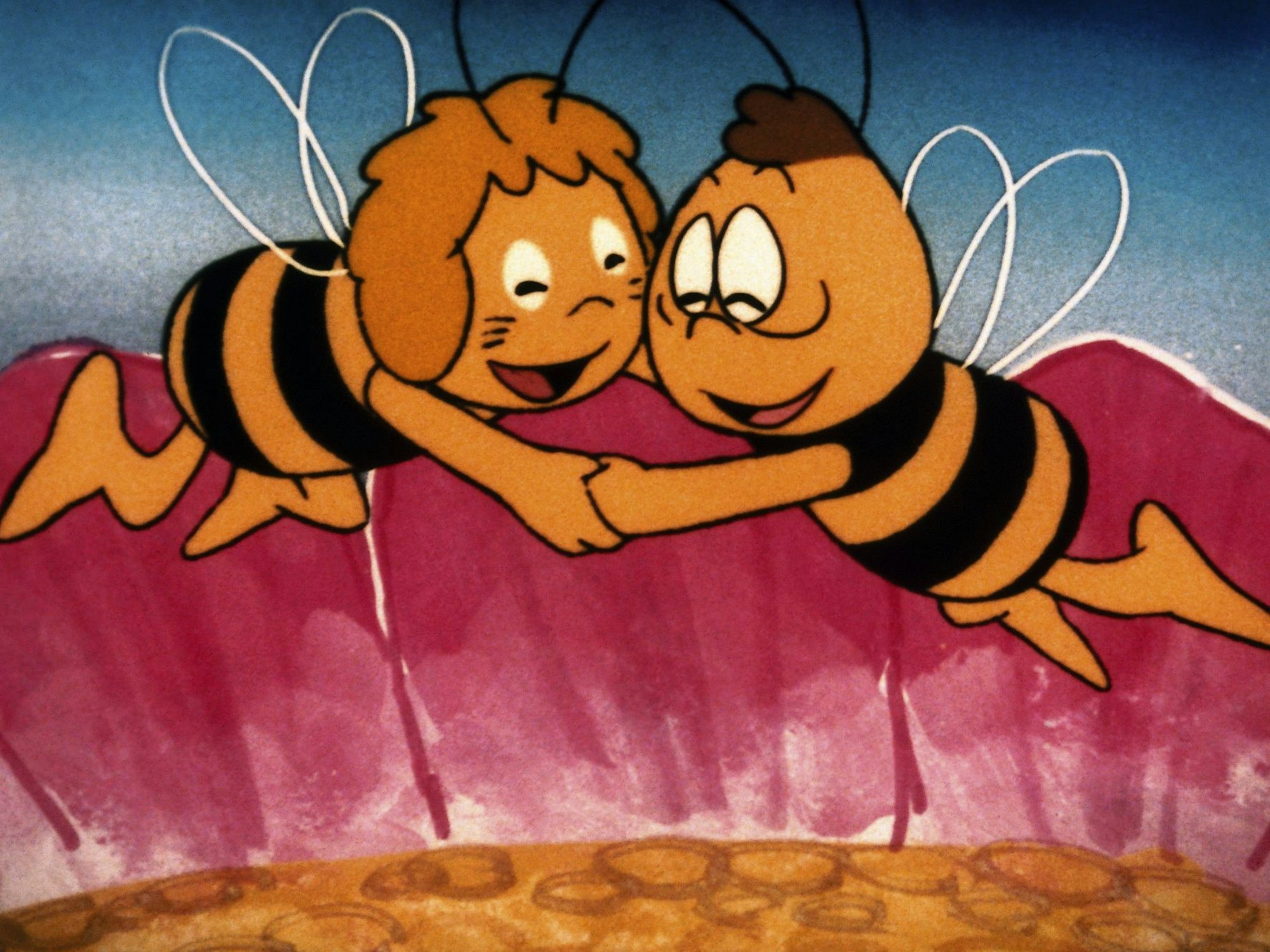 Biene Maja und Kumpel Willi freuen sich auf dieser undatierten Aufnahme der Kinderserie „Biene Maja“, die am 9. September 1976 erstmals im ZDF lief.