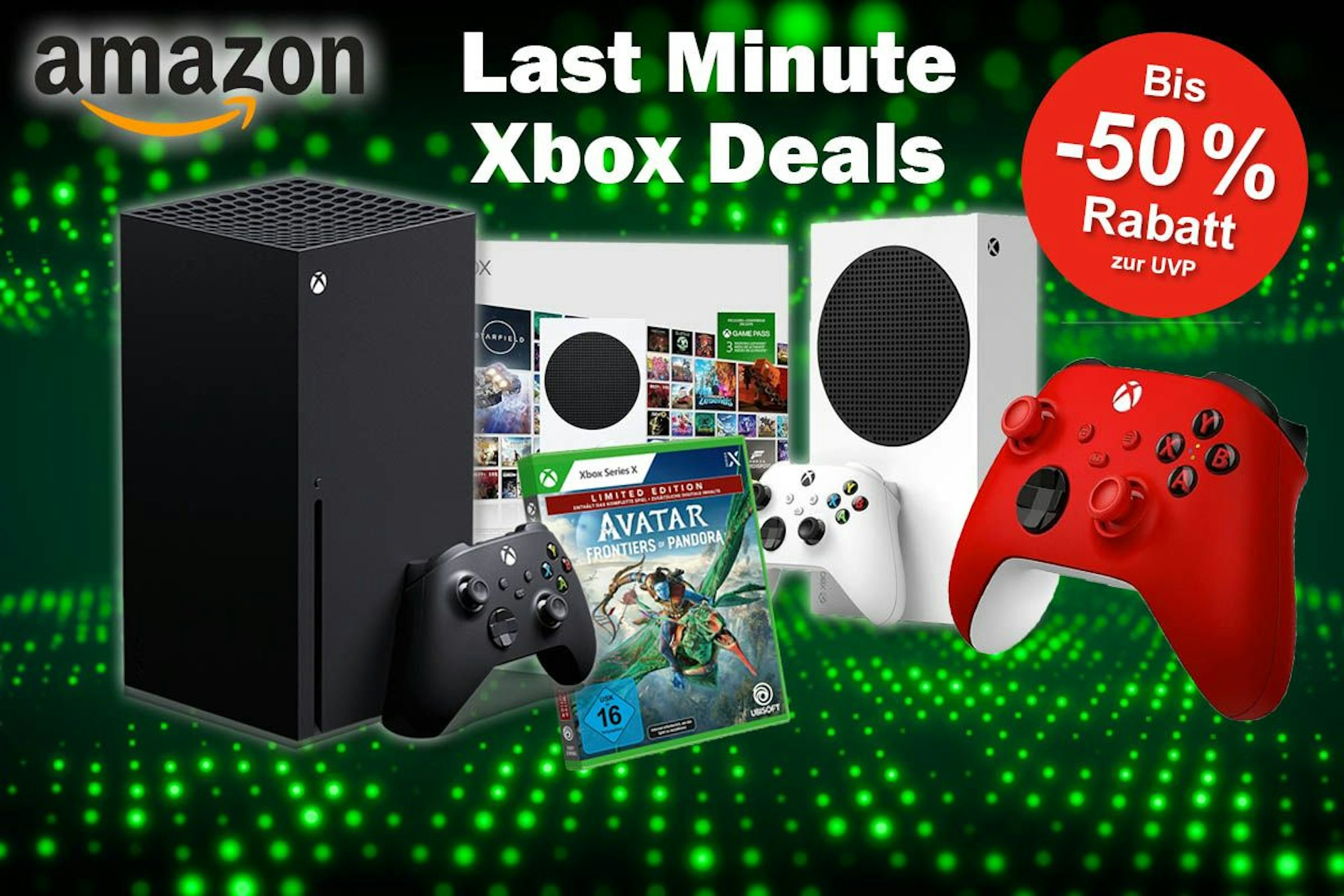 Microsoft Konsolen Xbox Series X und S sowie roter Xbox Wireless Controller und Spiel Avatar vor grün schwarzem technischem Hintergrund.