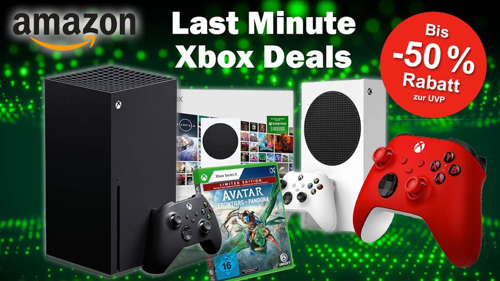 Microsoft Konsolen Xbox Series X und S sowie roter Xbox Wireless Controller und Spiel Avatar vor grün schwarzem technischem Hintergrund.