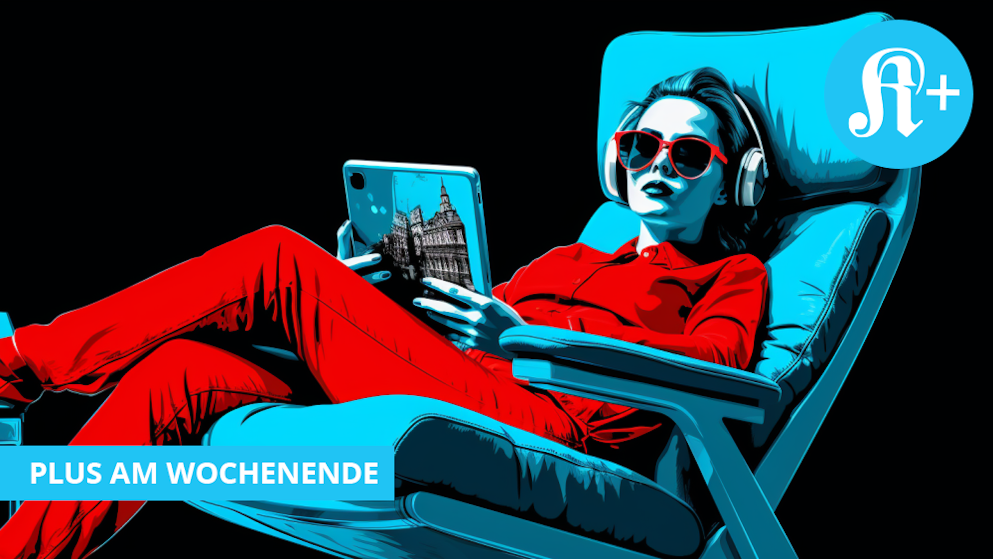 Illustration: Eine Frau liegt in einem Liegestuhl, sie trägt Sonnenbrille und Kopfhöre. In der Hand hält sie ein Tablet