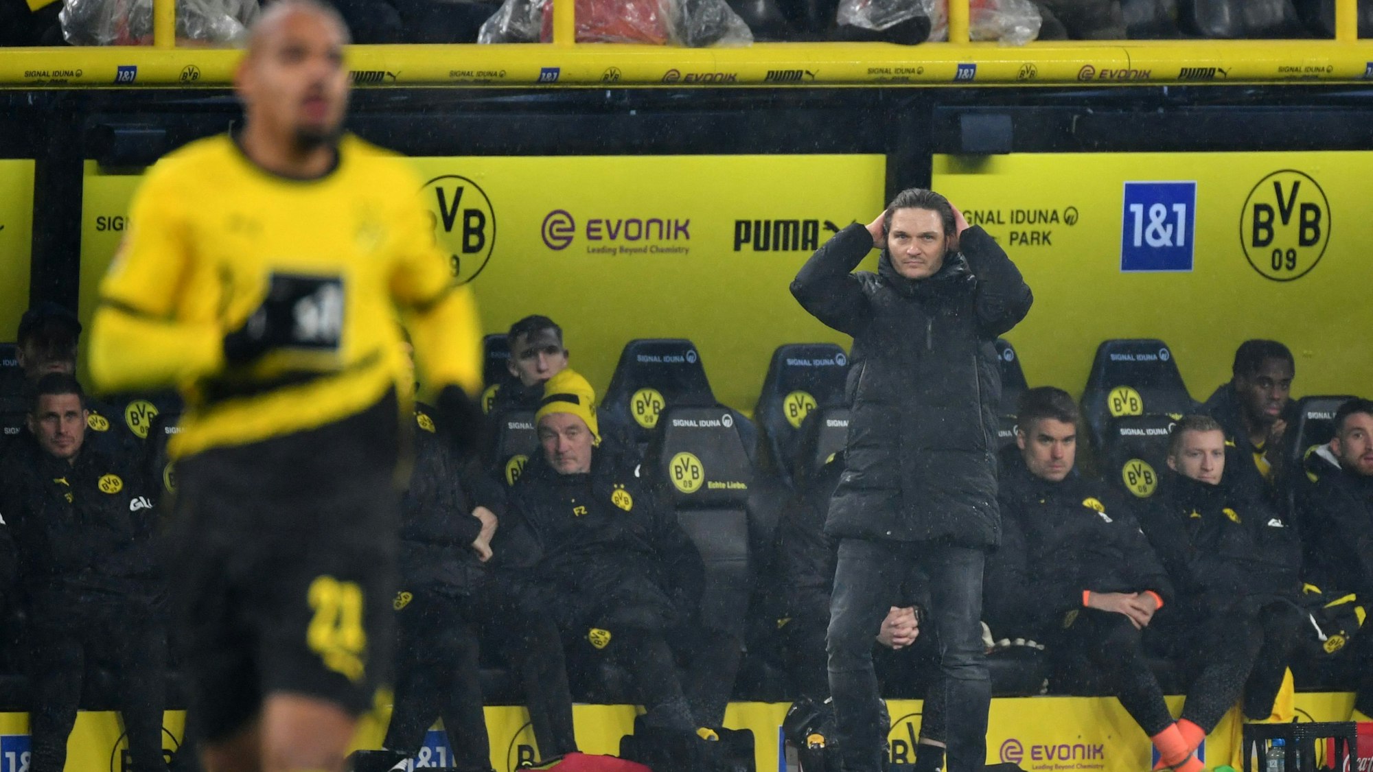 BVB-Trainer Edin Terzic fasst sich beim Spiel gegen Mainz an den Kopf.