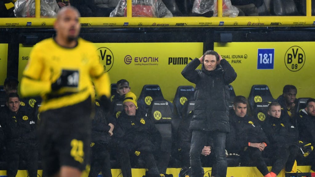 BVB-Trainer Edin Terzic fasst sich beim Spiel gegen Mainz an den Kopf.