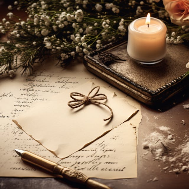 Ein handgeschriebener Wunschzettel und ein Füllfederhalter mit weihnachtlicher Dekoration: Tannengrün, Kerze, Blumen, Schleifen
