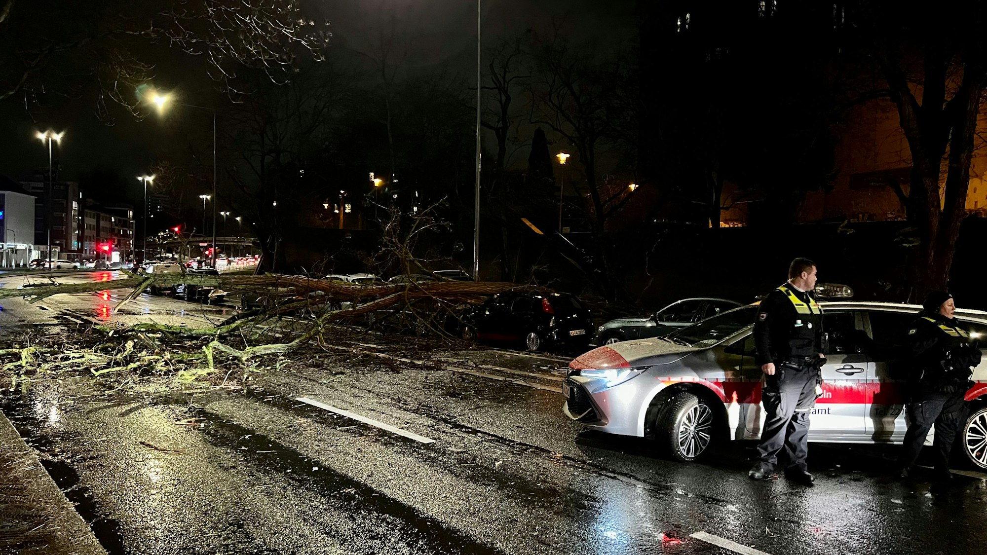 Ein umgestürzter Baum liegt auf der Straße Blaubach in der Kölner Innenstadt am 21. Dezember 2023. Durch Sturmtief Zoltan kam es kurz vor Weihnachten zu Windböen von mehr als 100 km/h.