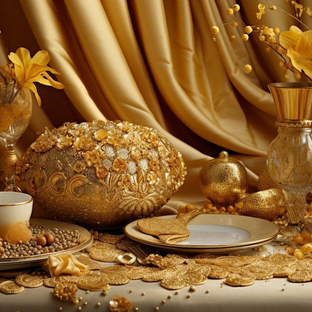 Ein Stillleben mit goldenen Teller, Vasen, Stoff, Schmuck