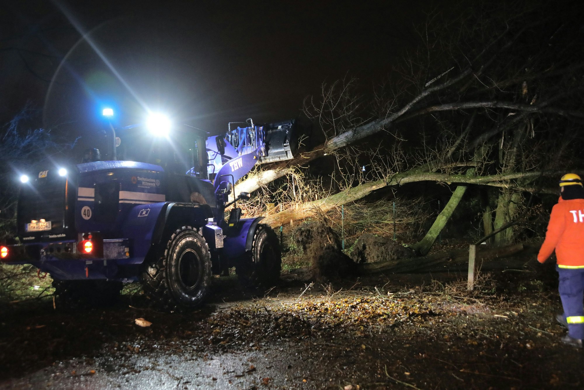 Ein Radlader des Technischen Hilfswerks (THW) räumt in der Nacht zu Freitag einen umgefallenen Baum von der Straße.
