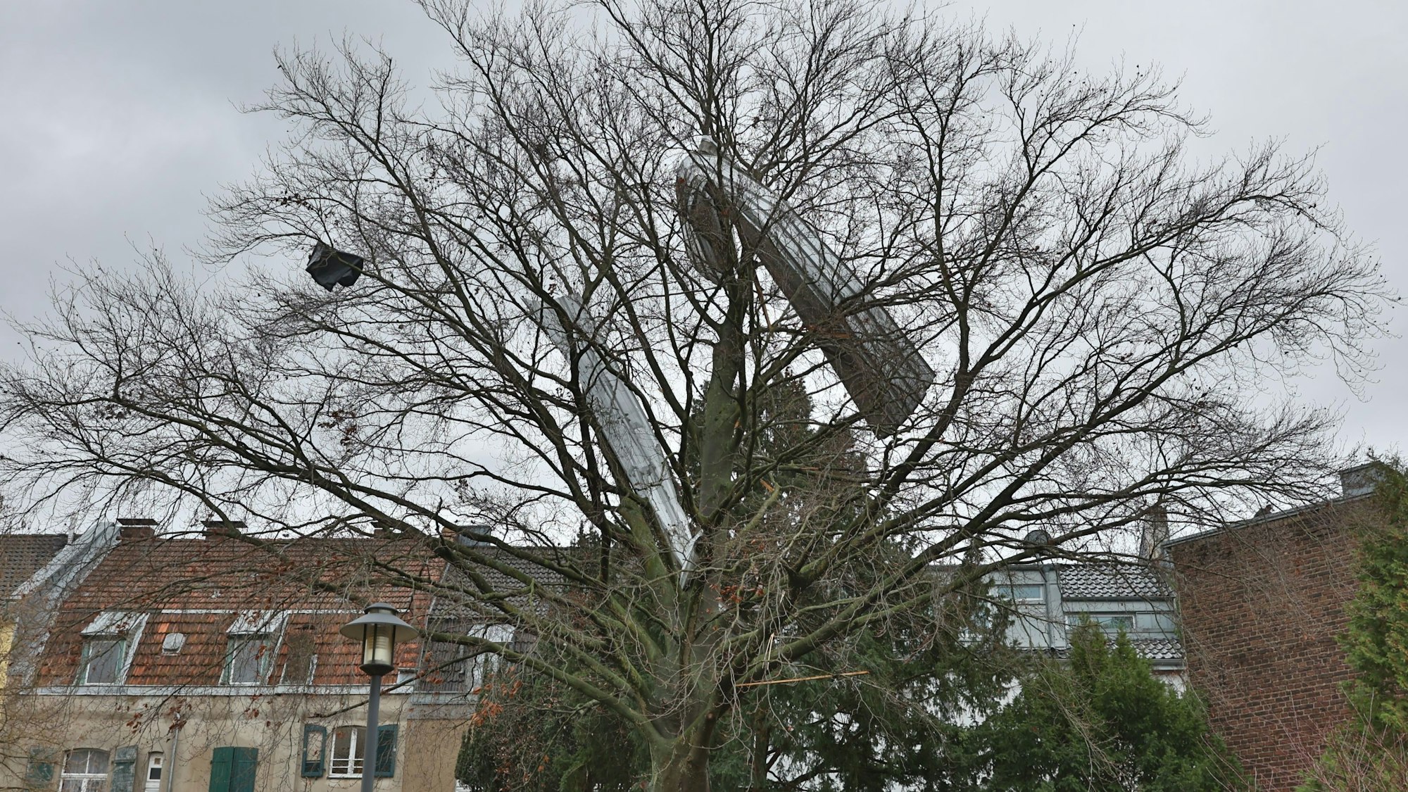 Teile eines Aludachs hängen in einem Baum fest.