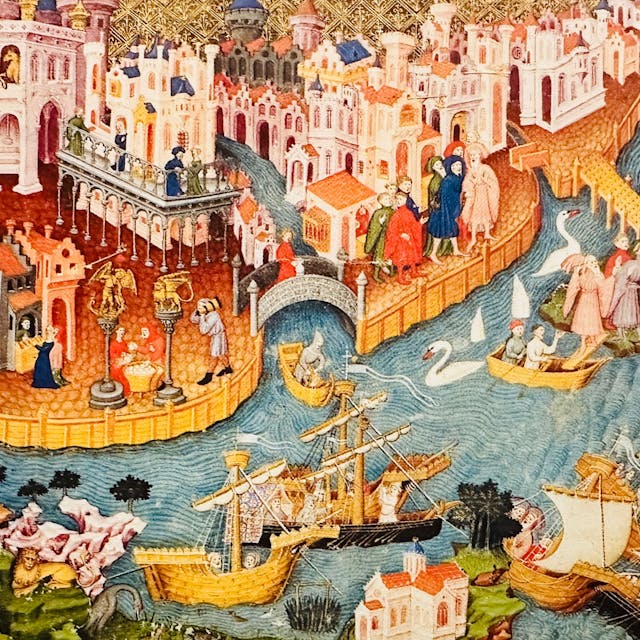 Ein unbekannter Künstler hat Jahrhunderte später gemalt, wie Marco Polo Venedig verlässt