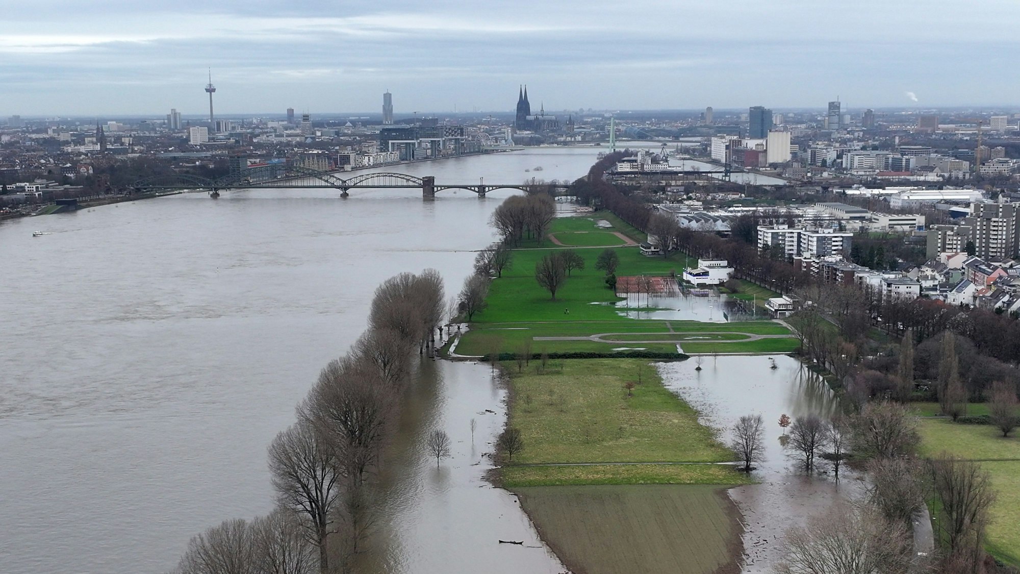 Die Pollerwiesen am Rheinufer stehen unter Wasser (Aufnahme mit Drohne).