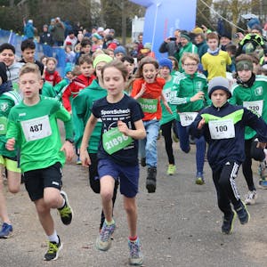 Der Läufernachwuchs sprintet nach dem Startschuss los. Das Bild zeigt viele laufende Kinder.