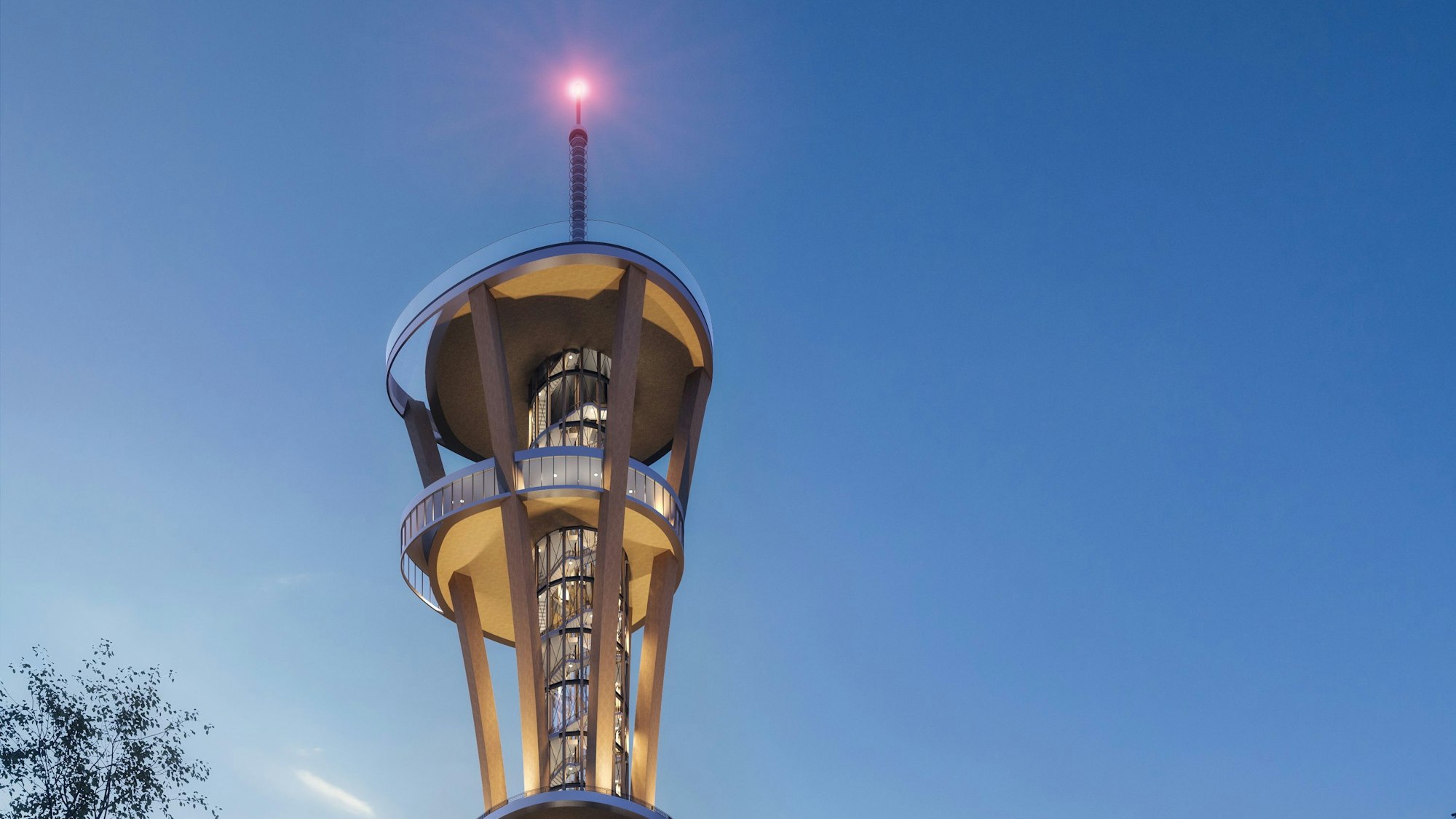 Das Bild zeigt eine Visualisierung des Rheinlandturms. Der Turm besteht komplett aus Glas, außen stützen ihn vier große Holzträger.