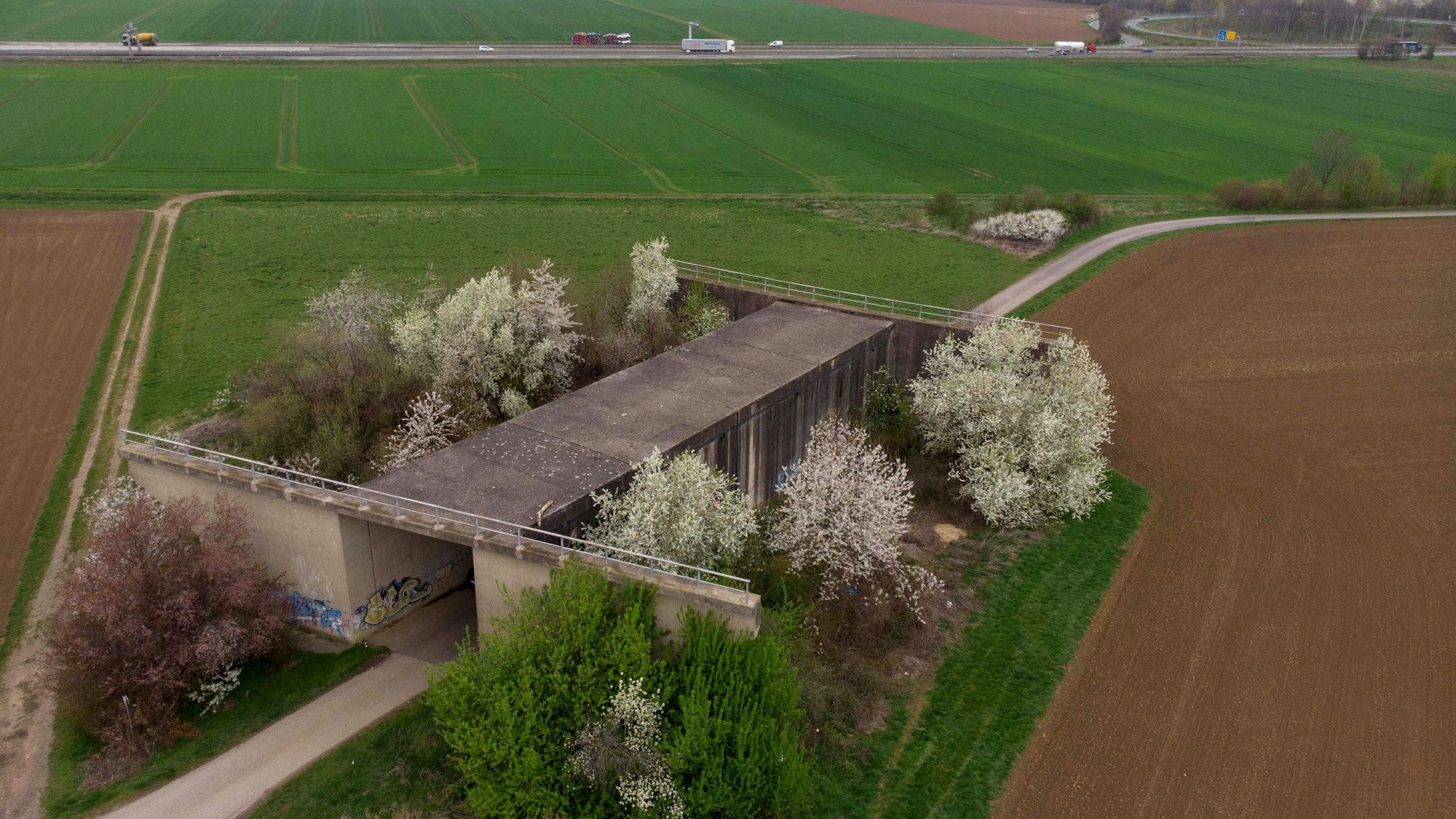 Die So-da-Brücke steht in einem Feld bei Euskirchen. Sie wurde 1976 gebaut. Die Straße, die darüberführen soll, gibt es aber bis heute nicht.