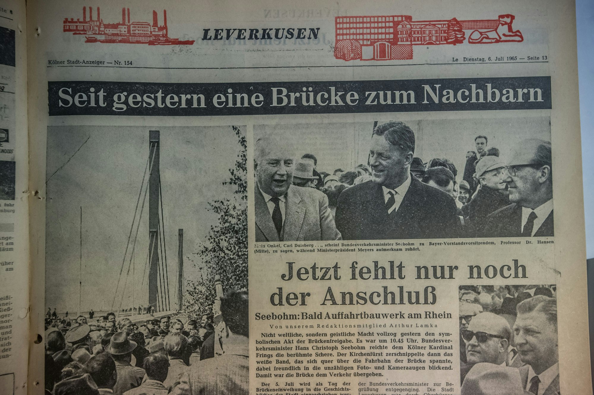 Zeitungsbericht zur Freigabe der Leverkusener Brücke 1965.