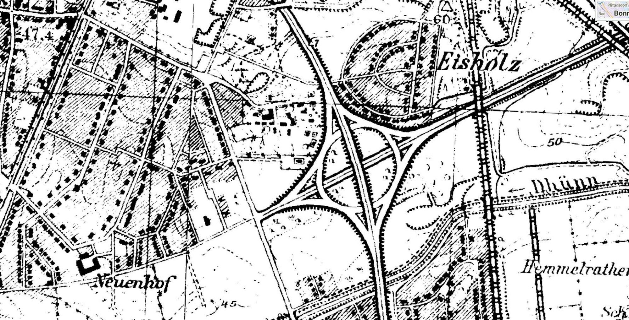 Das alte Leverkusener Kreuz, wie es in einer historischen topografischen Karte von vor 1945 eingezeichnet ist. Die A1 endet auf der Bismarckstraße.  Foto: Geobasis NRW