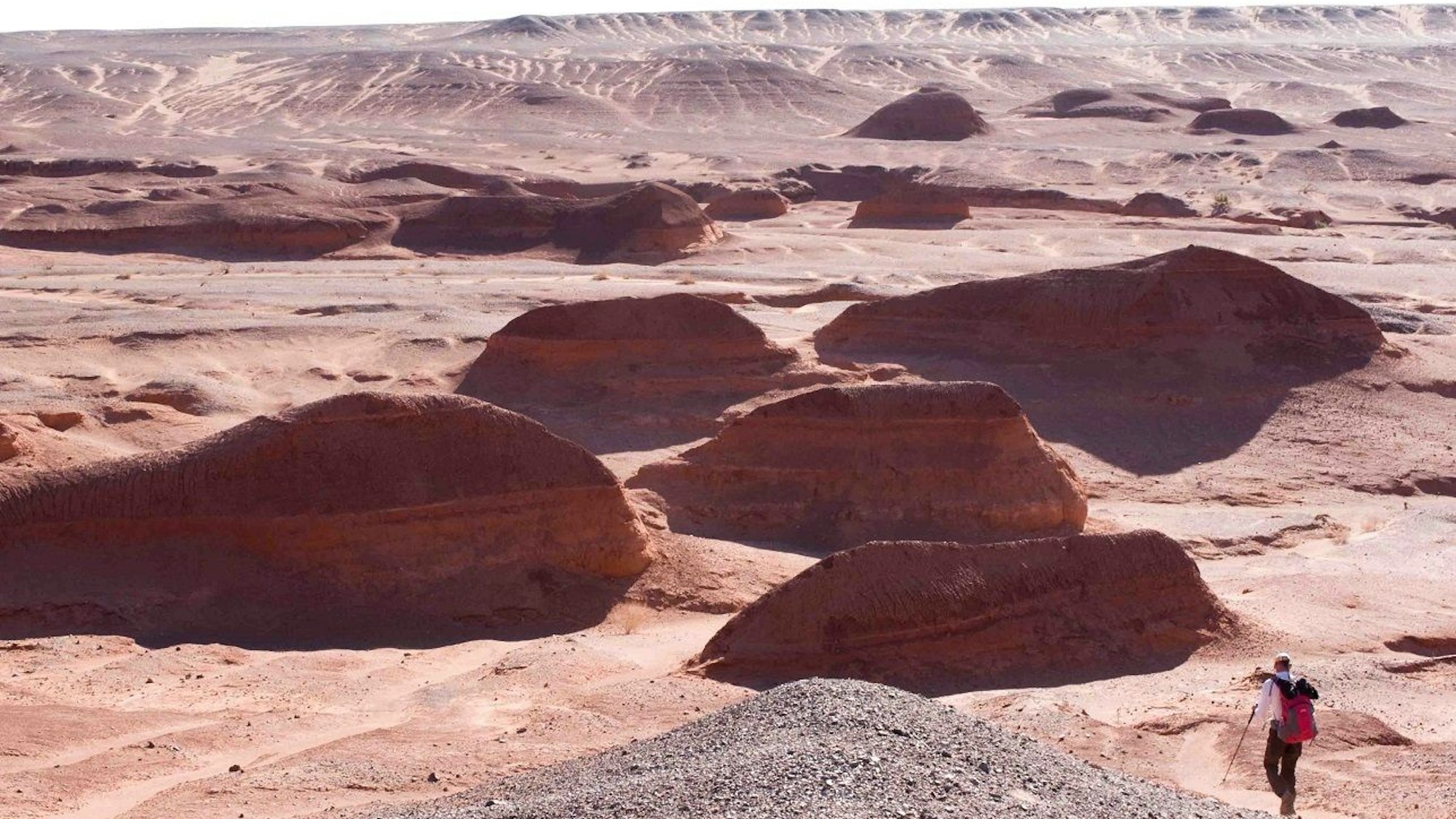 Das Bild zeigt die Weite der Wüste Gobi mit einigen Felsformationen.