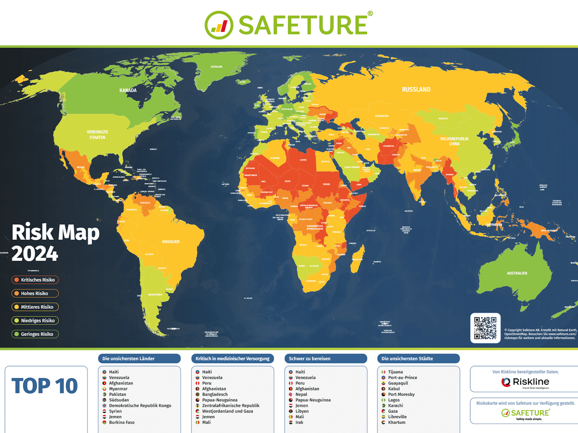 Hier zu sehen: Die Weltkarte der Plattform „Safeture“, welche in den Farben rot, orange, gelb, hellgrün und dunkelgrün die Länder nach ihrer Sicherheit bewertet.