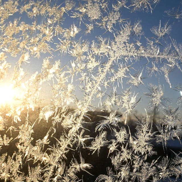 Sonnenlicht fällt auf Eiskristalle, die sich an einer Fensterscheibe gebildet haben.