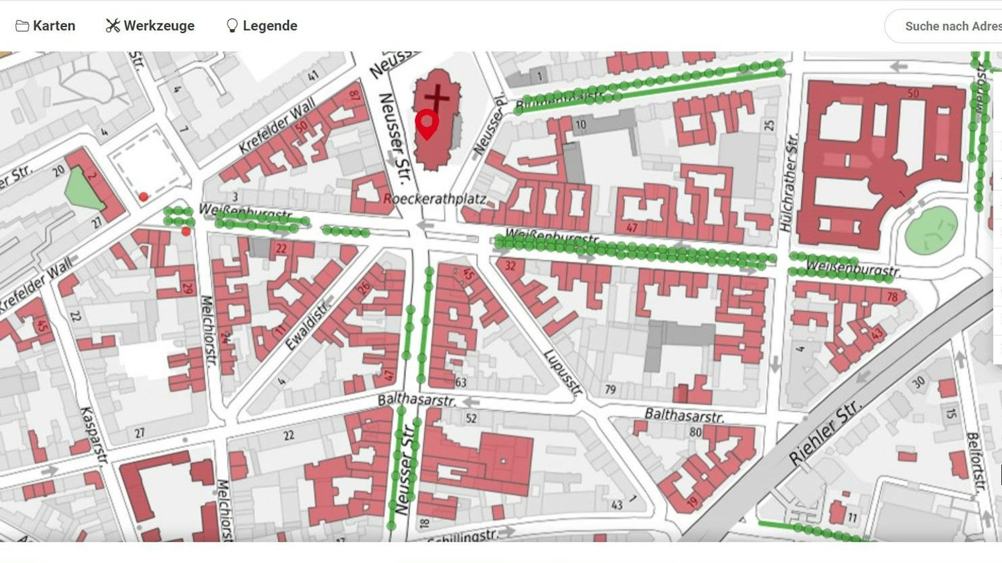Zu sehen ist eine interaktive Karte, die den Bereich rund um die Kölner Agneskirche zeigt.