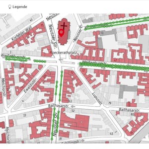 Zu sehen ist eine interaktive Karte, die den Bereich rund um die Kölner Agneskirche zeigt.&nbsp;