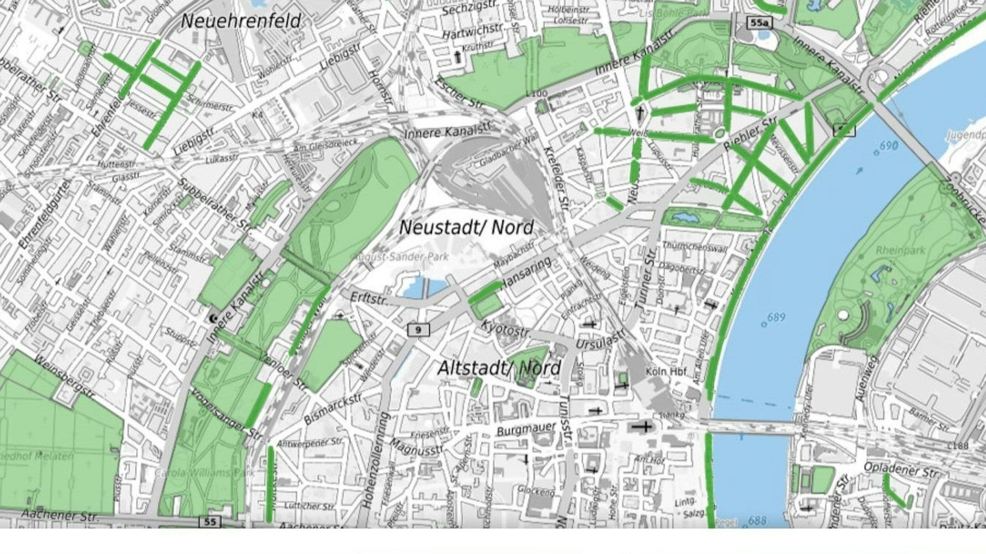 Die interaktive Karte zeigt Teile der Kölner Grünflächen, die unter Denkmalschutz stehen.