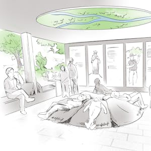 Die Zeichnung zeigt fünf Personen, die ermattet in der Mitte auf kreisförmig angelegten Sitzkissen halb sitzen, halb liegen. Daneben sitzen Personen an einem Tisch oder auf einer Bank. Von draußen schaut ein Ranger des Nationalparks hinein.